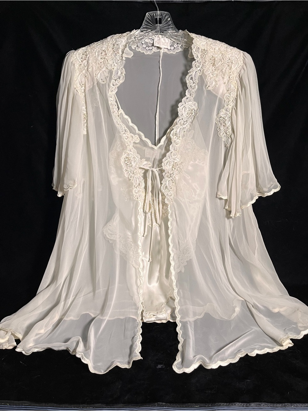 Bill Tice Sheer Lace-Trim Ivory Robe and Chemise Set